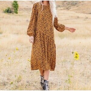 Roulee Oversized Balloon Sleeve Orange Black Dots MIDI Tiered Dress Small**